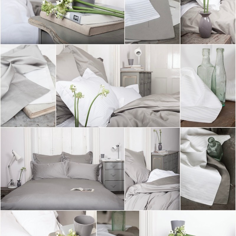 Muster hochwertiger Bettwäsche in Weiß und zeitlosen Designs aus luxuriösem Baumwollsatin